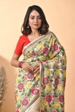 Off White Sunflower Pure Gachi Tussar Kantha Saree - Image 2