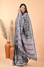 Black Floral Pure Gachi Tussar Kantha Saree - Image 5
