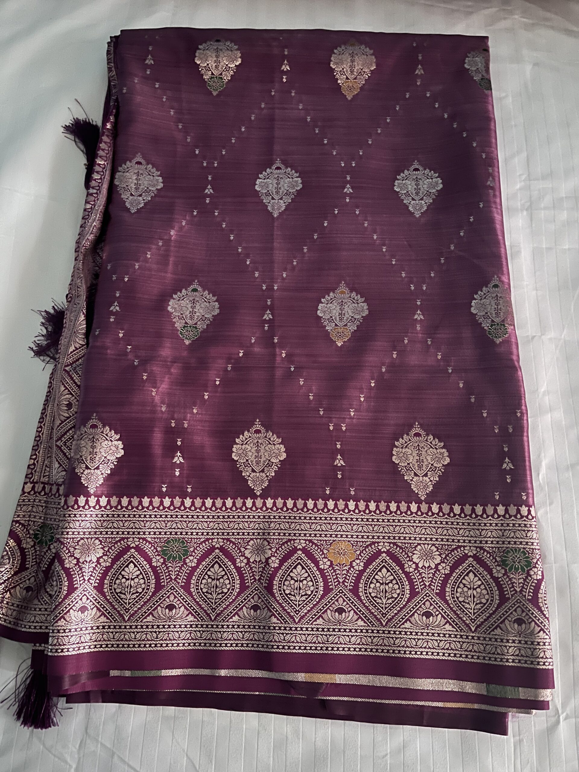 04C759B4-6315-42D9-994E-C1F265B9A762 Semi Kosa Silk Saree with Banarasi Floral Zari Border – Magenta Rose | Supriyaa Silk - Image 1