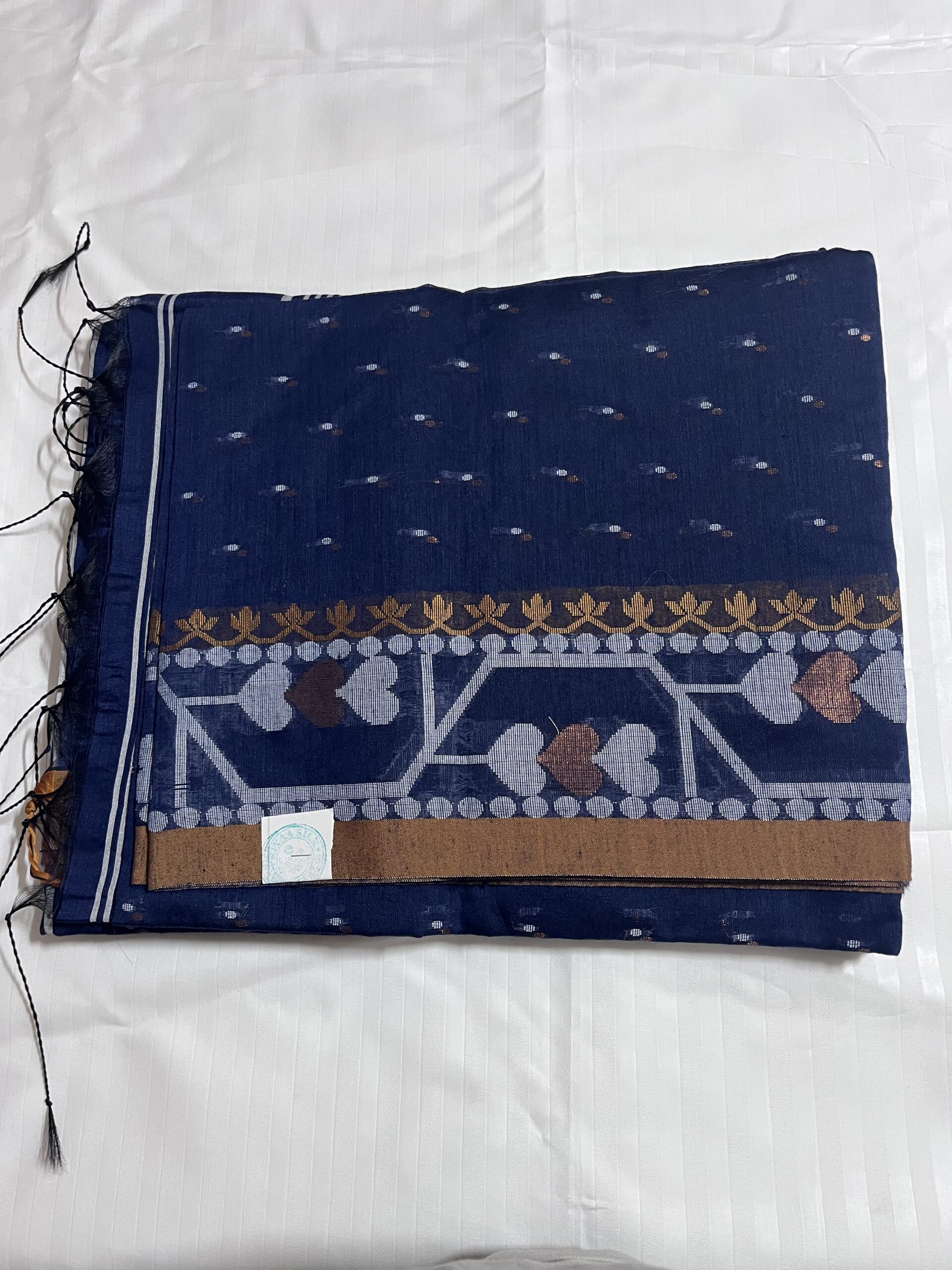 85AD5449-7ACF-49E4-907B-F8DD59763D73 Handloom Jamdani Cotton Saree with Mustard Border – Navy Blue | Supriyaa Silk - Image 1