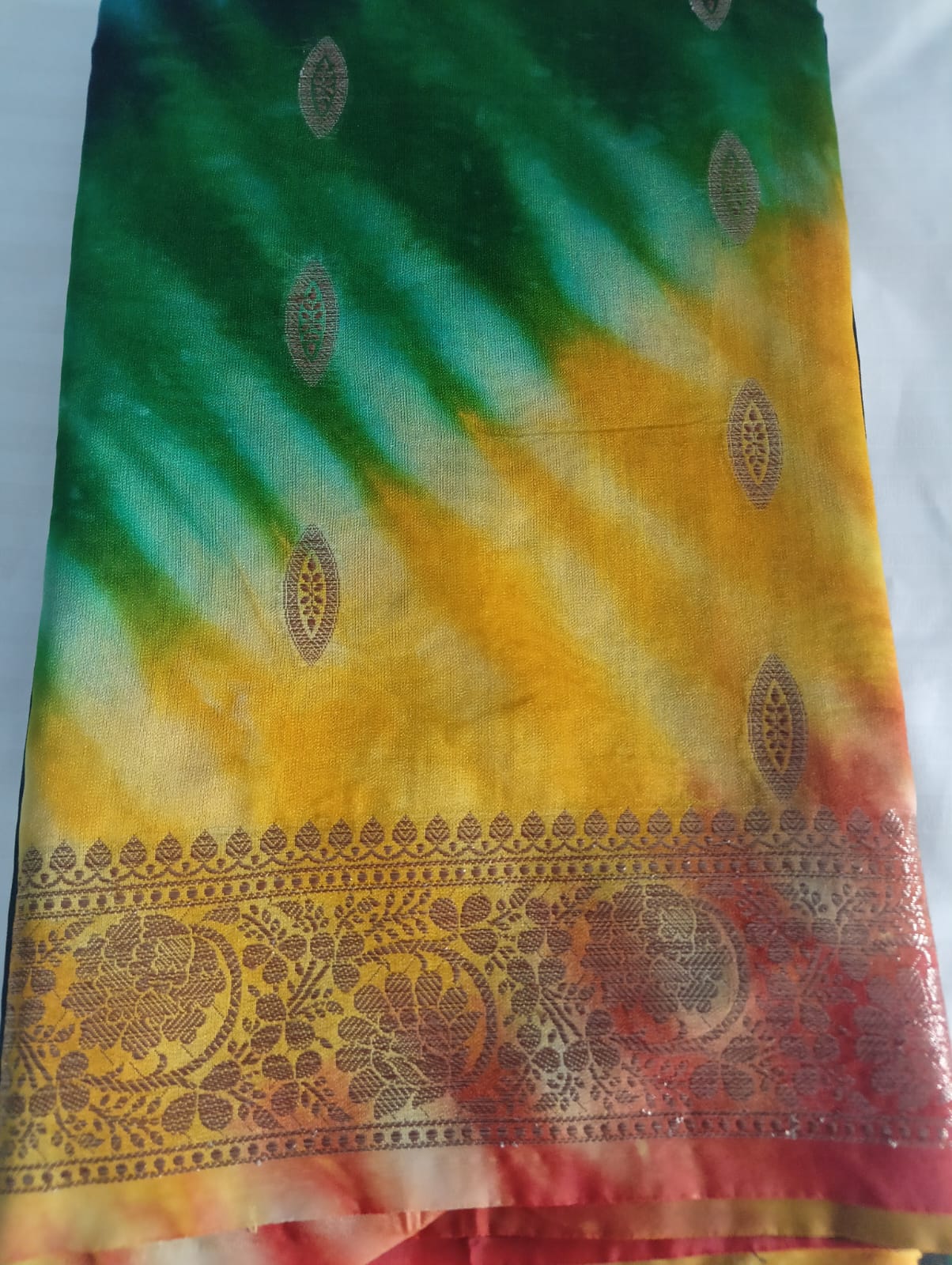 WhatsApp Image 2026-07-14 at 2.41.30 PM Semi Kosa Vichitra Silk Tie-Dye Saree with Zari Border – Dark Green | Supriyaa Silk - Image 1