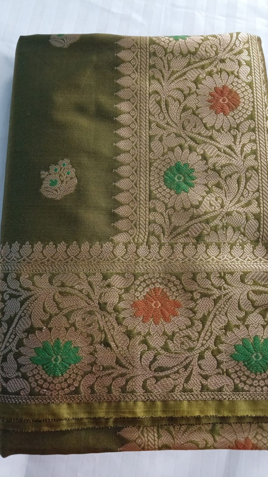 WhatsApp Image 2026-07-14 at 6.15.21 PM - Copy Semi Muga Silk Banarasi Saree with Meenakari Work – Olive Green | Supriyaa Silk - Image 1